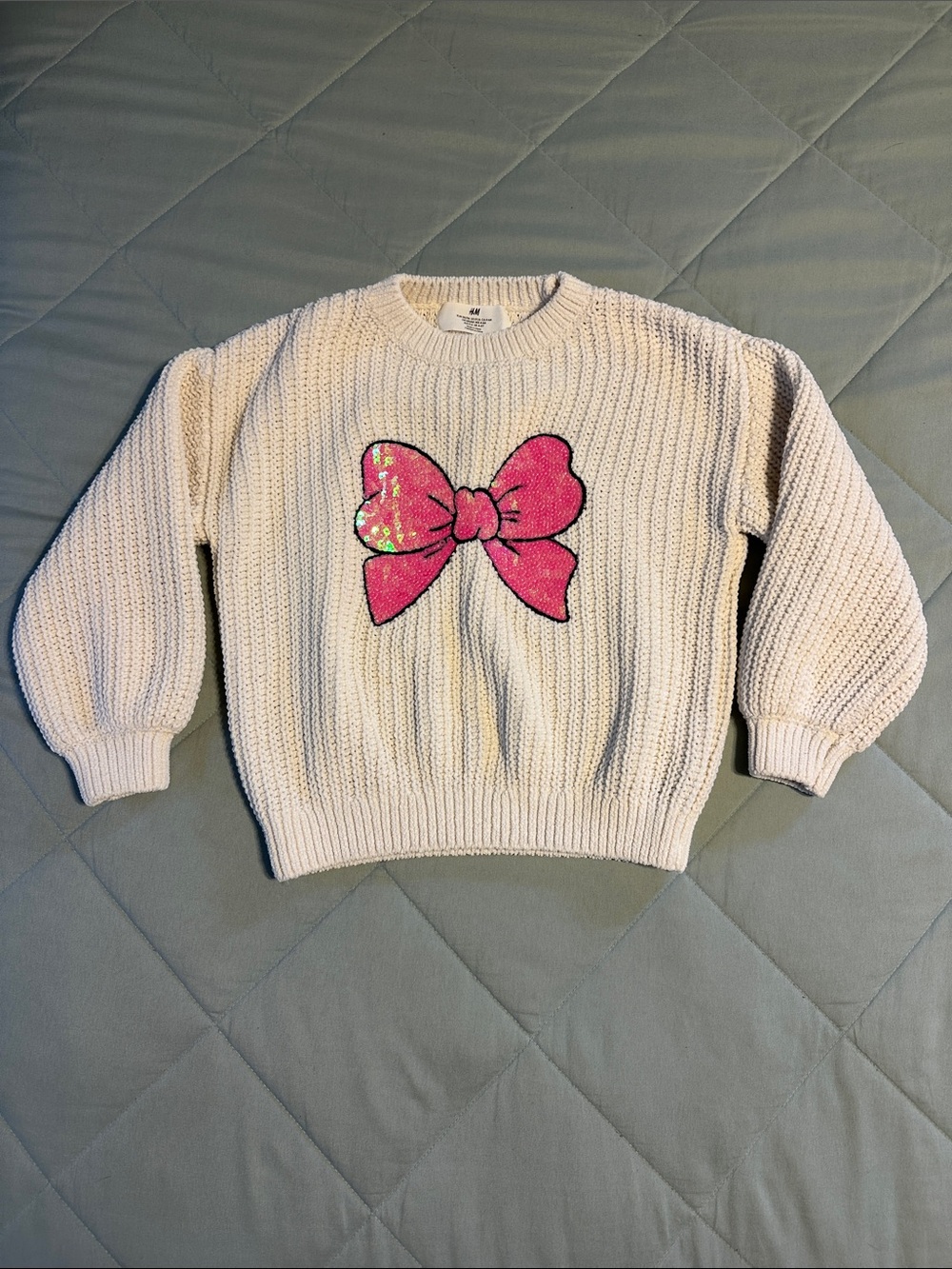 H&M Cream Knit Sweater with Pink Sequin Bow